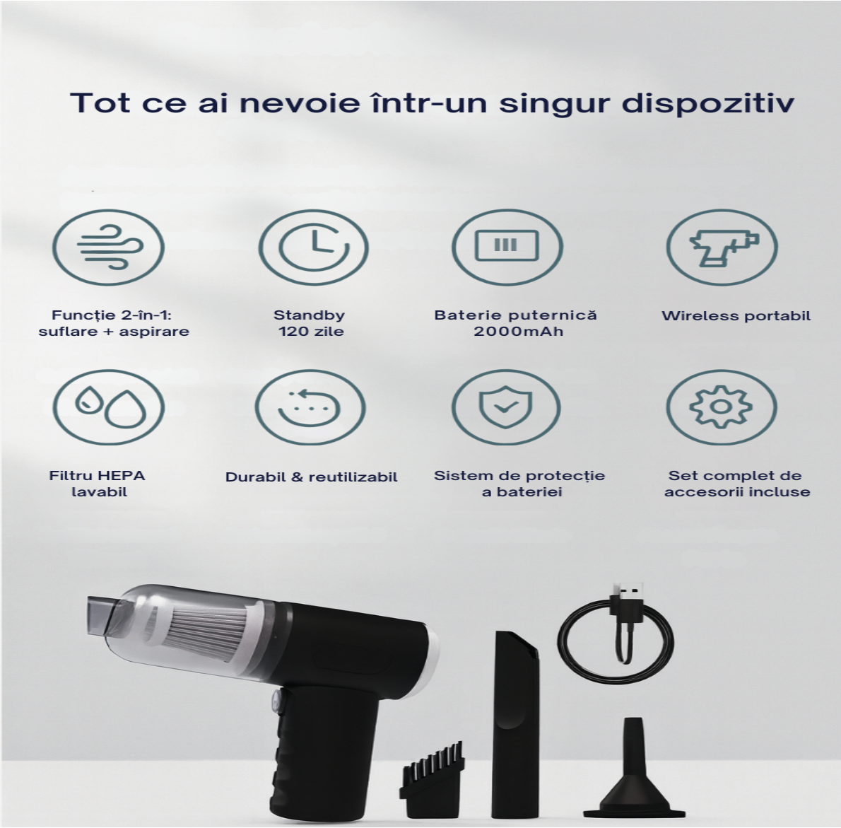 Aspirator Auto Wireless Portabil cu Funcție Suflare