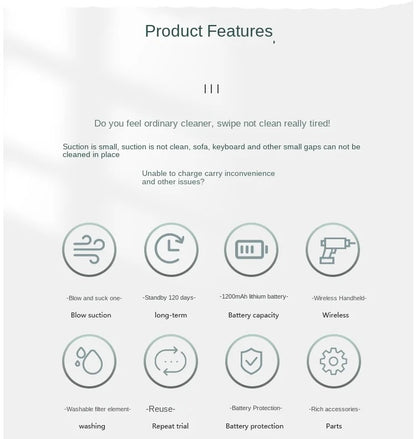 Aspirator Auto Wireless Portabil cu Funcție Suflare